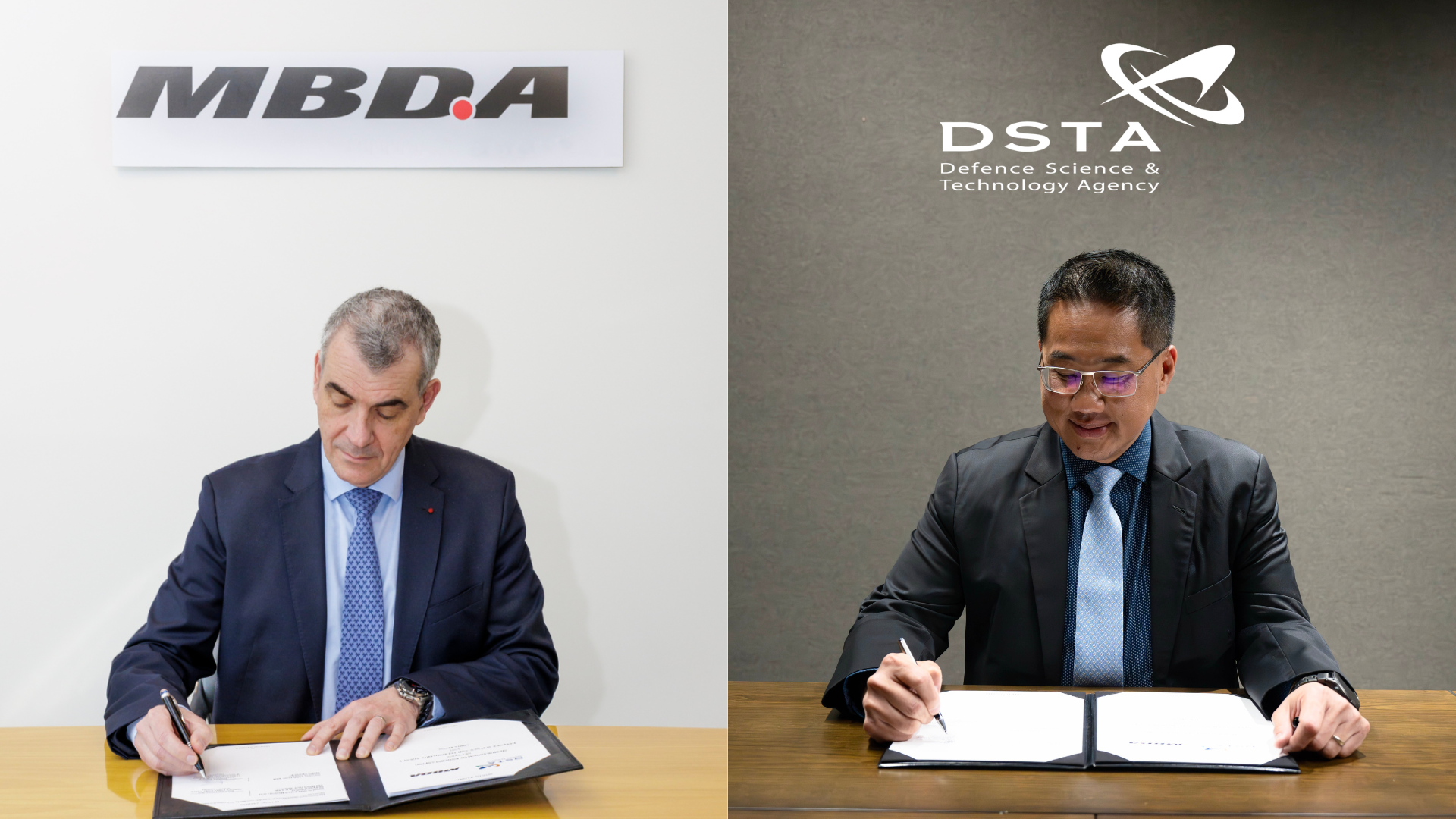(From left) Executive Group Director Programmes and Managing Director of MBDA France, Mr Stéphane Reb and DSTA Deputy Chief Executive (Operations), Mr Roy Chan