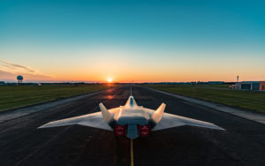 Tempest, a concept model showing a vision of the UK's future combat air craft, on the runway at BAE Systems' site in Warton, Lancashire.