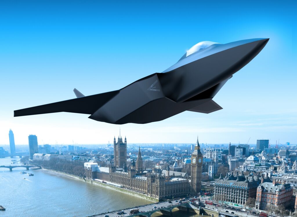 New investment boost technologies - artist’s impression of GCAP Tempest next generation combat aircraft flying over London UK