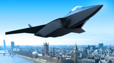 Artist’s impression of GCAP Tempest next generation combat aircraft flying over London UK